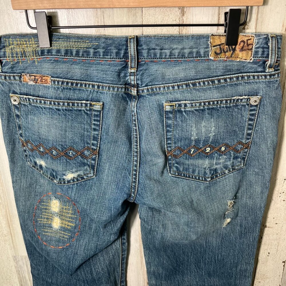 Vintage Y2k July 25 Patchwork Boho Embroidered Distressed Flare Jeans Womens 31 - Picture 4 of 7